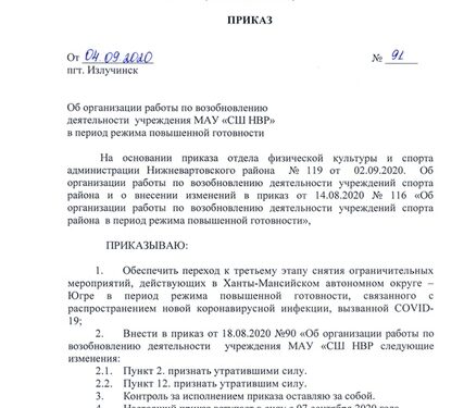 Ознакомительная документация об организации работы по возобновлению деятельности МАУ «СШ НВР»